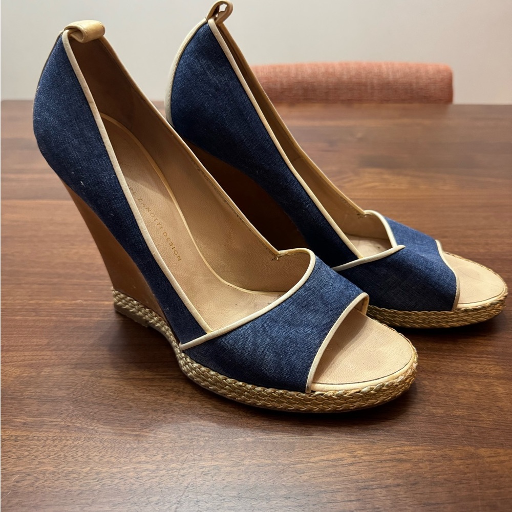Designer Blue and Tan Espadrille Wedge Sandals